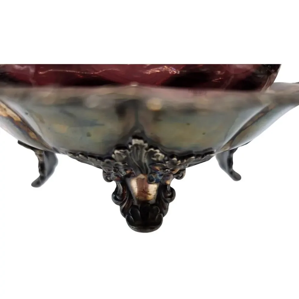 Antique Silver-Plated Brides Basket W/ Ruffled Cranberry And White Glass Bowl